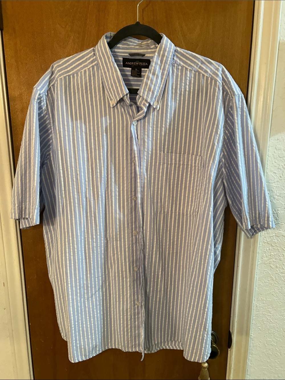 Andrew Fezza Light Blue and White Vertical Stripe Short-Sleeve Button-Down Shirt